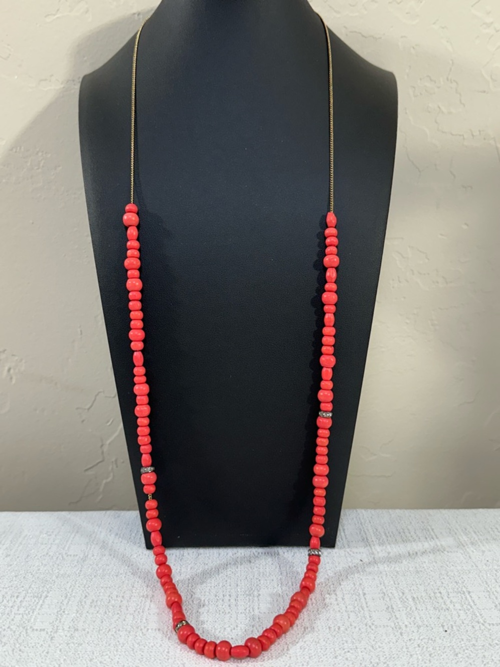 J Crew Factory Coral Floating Wood Bead 36” Gold Tone Necklace